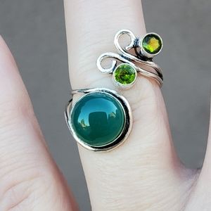 New Green Onyx and Peridot Adjustable Silver Ring.